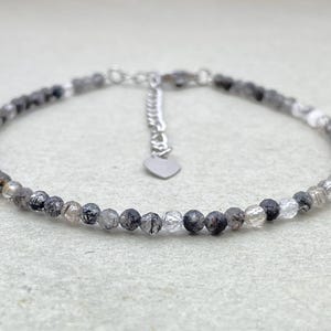 Natural Black rutilated Quartz Bracelet, Faceted Round Beads Choker Minimalist, Layering Bracelet, Black and White Rutilated Quartz Bracelet