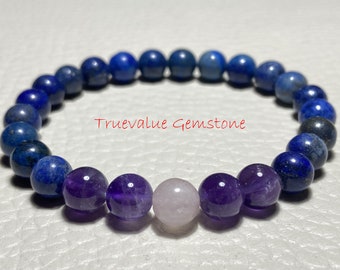 Amethyst Lapis Rose Quartz Bracelet | 8mm Beaded Bracelet, Protection Crystal Healing Jewelry, Handmade Stretch Bracelet