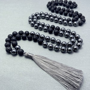 Japa Mala 108 Beads Necklace with Black Lava & Hematite Stones, Meditation Jewelry, Yoga Gift Ideas, Spiritual Prayer Bead, Mindfulness Mala