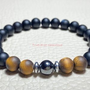 Matte Tiger Eye Bracelet, Onyx & Hematite Beaded Bracelet, Healing Stone Jewelry, Men&#39;s And Women&#39;s Fashion Accessory