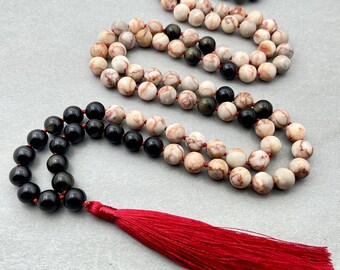 Golden Obsidian & Orange Jasper Mala with Tassel, 108 Mala Beads, Journey to Balance: Obsidian And Jasper Mala, Fire and Earth Mala