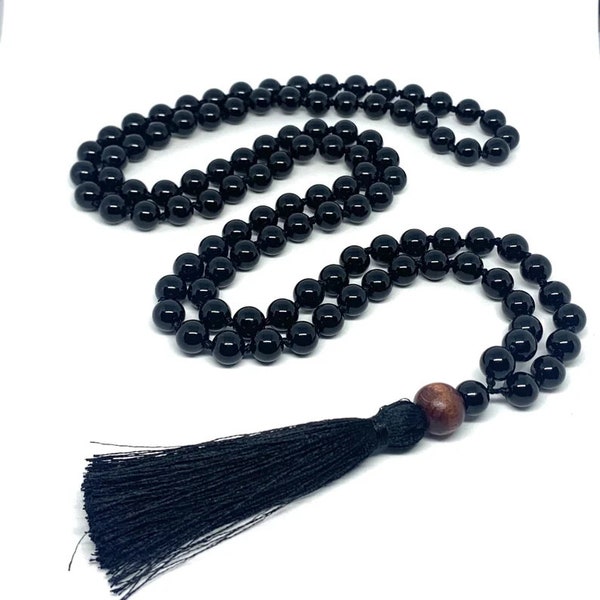 Black Obsidian Necklace-108 Mala Beads Obsidian Necklace-Energy Protection Healing Meditation Grounding Tassel Necklace, Yoga