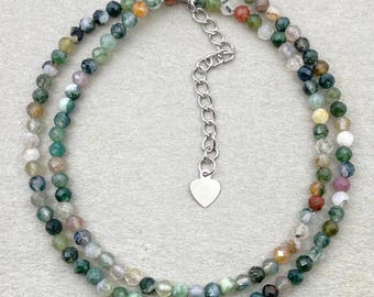 Dainty Indian Agate Gemstone Necklace, faceted green agate, Minimalist Green Crystal Healing Choker, Custom Handmade Gift, Gardeners Present