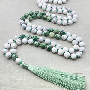 Howlite Tree Agate Mala Necklace: 108 Bead Gemstone Japa Mala