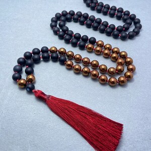 Matte Onyx & Hematite Necklace with Silk Tassel | Boho Jewelry, Statement Piece, Gift for Her