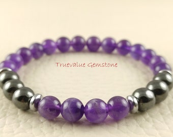 Amethyst & Hematite Bracelet: 8mm Beaded Bracelet, Protection Crystal Healing Jewelry, Handmade Stretch Bracelet
