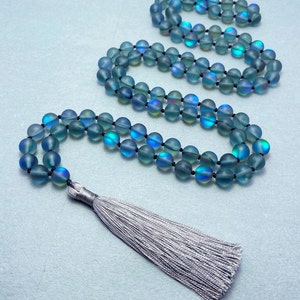 Matte Black Aura Quartz 108 Mala with Silk Tassel - Meditation Beads, Spiritual Jewelry, Grounding Energies & Mindfulness Gift