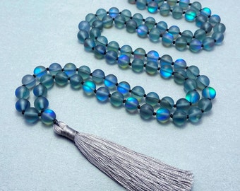 Matte Black Aura Quartz 108 Mala With Silk Tassel - Rainbow Aura Quartz Mala - Embrace the Full Spectrum of Light Within