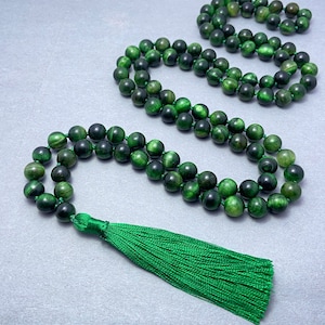 Green Tiger Eye Mala Necklace – 108 Beads Meditation & Healing Prayer Beads