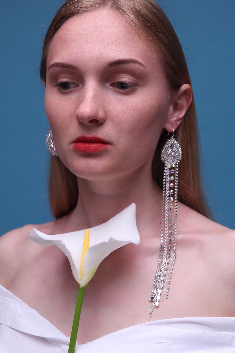 Crystal Bridal Earrings mono earrings Extra Long Earring Wedding Earrings \u0410symmetric earrings Long earrings Gift for Christmas