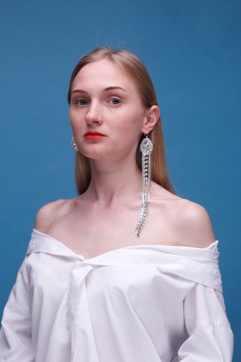 Crystal Bridal Earrings mono earrings Extra Long Earring Wedding Earrings \u0410symmetric earrings Long earrings Gift for Christmas