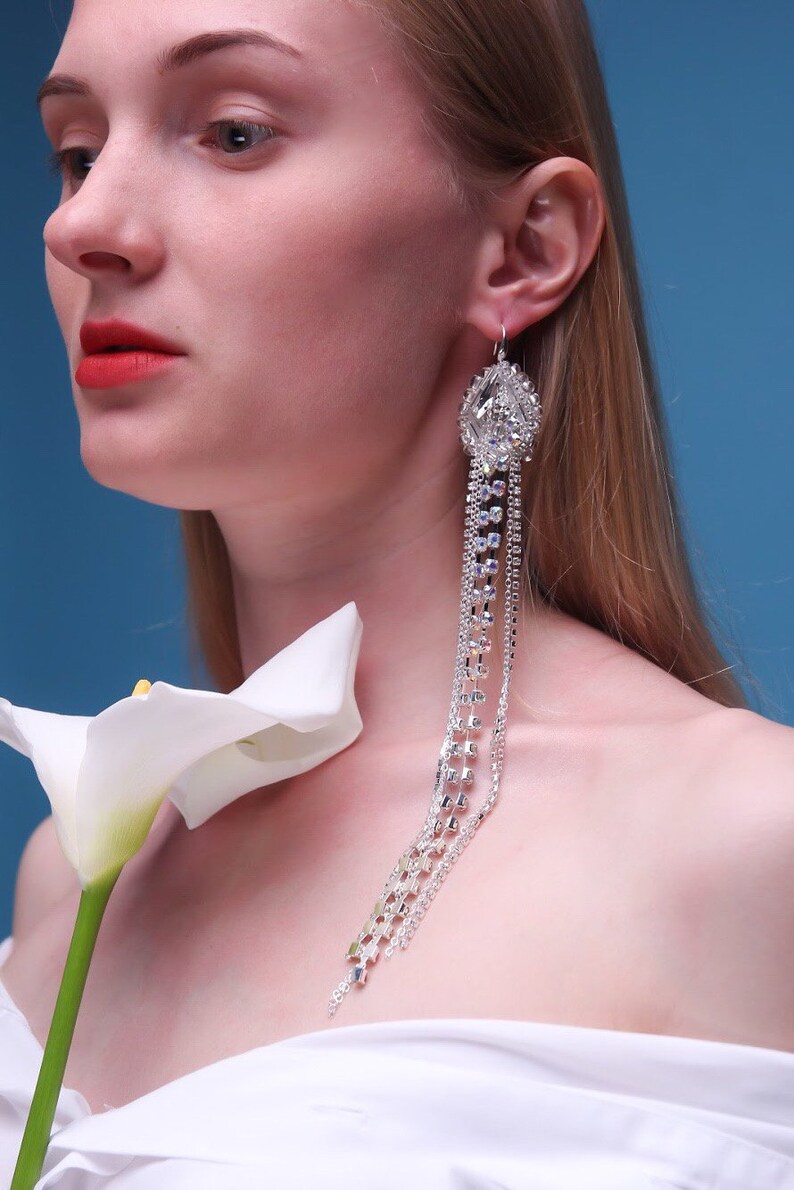 Crystal Bridal Earrings mono earrings Extra Long Earring Wedding Earrings \u0410symmetric earrings Long earrings Gift for Christmas