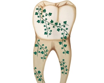 May include: A beige tooth with green ivy vines growing on it. The tooth is painted in a realistic style.