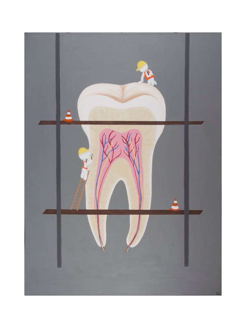May include: A painting depicting a large tooth with two miniature construction workers on scaffolding. The tooth is white with pink and red veins. The workers are wearing yellow hard hats and orange vests. One worker is on a ladder and the other is standing on the scaffolding.