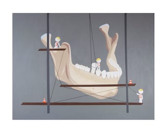 May include: A large, white, anatomical jawbone is suspended from the ceiling by ropes and held in place by scaffolding. Three small, cartoon-like construction workers are working on the jawbone. One worker is standing on a platform, another is holding a rope, and the third is standing on a platform holding a traffic cone.