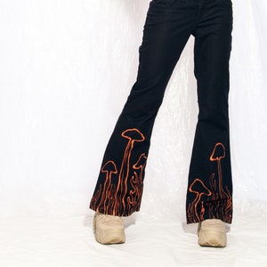 Vintage Flare Trousers Y2K Reworked Mushroom Paint Pants 2000s Fairycore Hand-painted Flares Black Cotton size M image 1