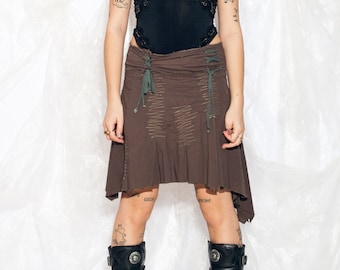 Vintage Y2K Skirt in Brown Lace Up 2000s Fairycore Grunge Midi Skirt Low Rise Large