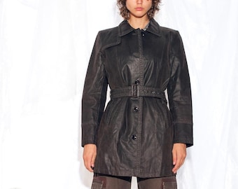 Vintage 90s Laura di Sarpi Brown Leather Trench Coat - Minimalist Grunge Jacket - Size L