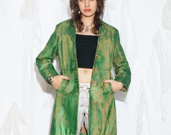 Abrigo de cuero vintage Y2K rediseñado en verde metalizado pintado a mano - Chaqueta estilo grunge Whimsi Twee de los 2000 - Talla L