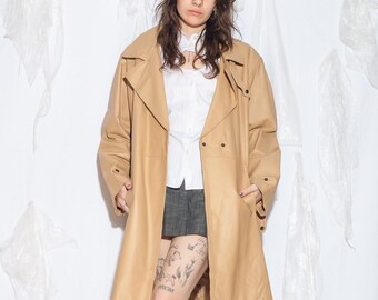 Vintage Beige Leather Jacket - 90s Grunge Trench Coat - Downtown Girl Alt Clothing - Size XXL