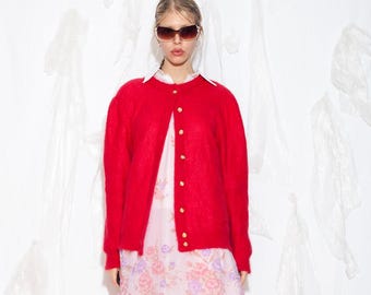Vintage 80s Red Mohair Wool Cardigan - ASPA Puff Sleeve Oversized Knit Sweater