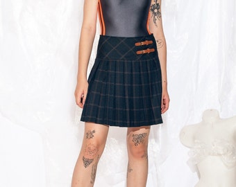 Vintage Y2K Pleated Skirt Plaid Grey Kilt 2000s Schoolgirl Dark Academia Mini Extra Small