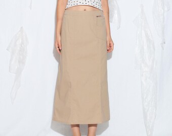 Vintage Y2K Cheer Beige Cotton Maxi Skirt - Minimalist Cargo Downtown Girl Skirt - Size S