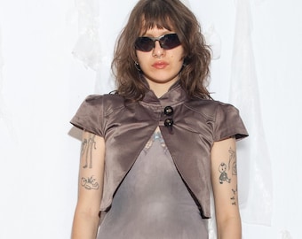 Vintage Y2K Brown Satin Shrug Bolero - 2000s Dark Coquette Alice Cullen Blazer - Size M