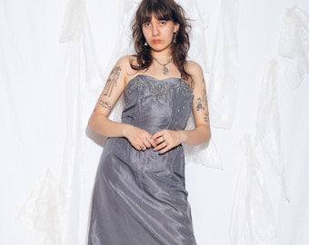 Vintage 50s Silk Cocktail Dress with Sequin Embroidery - Handmade Corset Midi - Size M