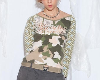 Vintage Y2K Khaki Camo Cotton Top - Long Sleeve Grunge Graphic Tee - Size M