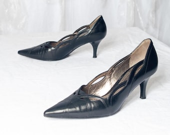 Vintage Y2K Gabor Leather Stilettos in Black - 2000s Pointed Toe Evening Shoes - Size 4.5