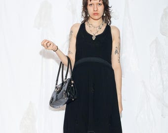 Vintage Y2K Coline Midi Dress in Black - 2000s Goth Vampire Style with Embroidered Details - Whimsigoth Open Back Summer Fashion - Size L