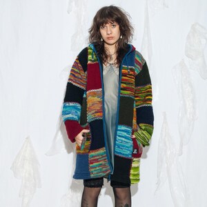 Vintage Y2K Shakaloha Knitted Wool Coat with Hood - Whimsi Twee Style Hippie Winter Jacket - Size XL