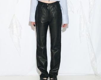 90s レザーパンツ フレアパンツ アーカイブ Y2K ボンテージパンツ 古着 90年代ヴィンテージ本革フレアパンツ（ブラック、ジップ付き） - 1990
