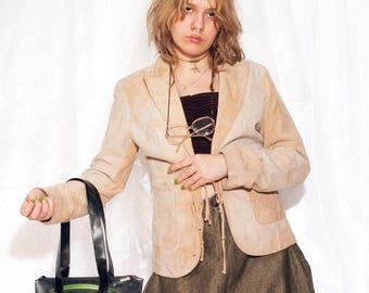 Vintage Y2K Gipsy Beige Leather Jacket - Grunge Downtown Girl Suede Blazer - Size L