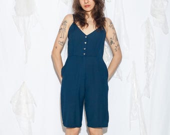 Vintage 90s Blue Linen Playsuit - Y2K Overall Fairy Grunge Jumpsuit Alt Clothing - Size M