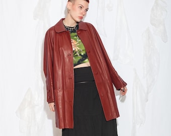 Cappotto in pelle vintage anni '80 color marrone bordeaux - Parka stile Whimsigoth anni '80, robusto e voluminoso - Taglia XL