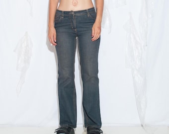 Upcycled Y2K Mud Wash Denim Flared Jeans - Vintage Low Rise Bootcut Pants - Size L