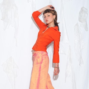 Vintage Y2K skinny shirt in oranje - Top in cyberpunk grunge-stijl uit de jaren 2000 - Maat S