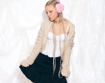 Vintage Y2K Knit Cardigan in Beige 2000s Oversized Fairycore Wool Blend Sweater