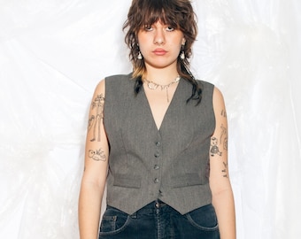 Vintage Y2K Vest in Grey Gender Free 2000s Dark Academia Waistcoat Minimalist Preppy Large