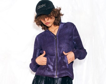 Vintage Y2K Knit Cardigan in Purple Reworked Hand-Painted 2000s Textured Sweater Fairy Grunge Medium