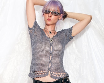 Vintage Y2K Cardigan Top in Grey Crocheted Lace 2000s Glass Beaded Whimsigoth Top Size S