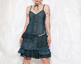 Vintage Y2K Frilly Fairy Dress in Blue Denim 2000s Whimsigoth Fairycore Grunge Patchwork Ruffle Dress Medium