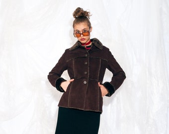 Vintage Y2K Faux Shearling Coat in Brown Penny Lane Style 2000s Winter Jacket Faux Leather Suede Extra Small