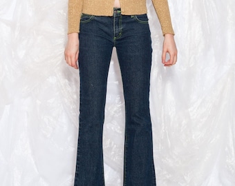 Vintage Y2K Flare Jeans in Blue w Shredded Hem 2000s Whimsical Rave Low Rise Denim Bootcut Pants Fairycore Grunge Small