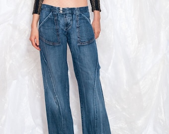 Vintage Y2K MET Wide Leg Jeans in Blue Denim 2000s Low Rise Grunge Flare Denim Pants Made in Italy Medium