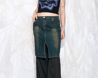 Vintage Y2K Denim Midi Skirt in Green Blue 2000s Rave Aesthetic Front Slit Low Rise Skirt XXL