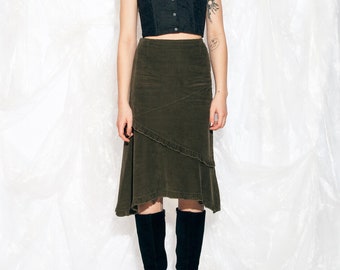 Vintage Y2K Midi Skirt in Khaki Green Corduroy 2000s Fairycore Grunge Goblincore Midi Skirt High Waist Small