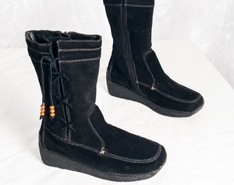 Vintage Y2K Platform Boots in Black Leather 2000s Chunky Sole Goth Grunge Whimsigoth Shoes 37